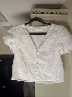 Lush White Embroidered V-Neck Puff Sleeve Button Front Top